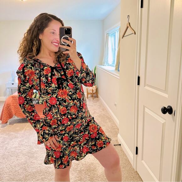 Sandro Paris Black Orange Pink Silk Floral Mini Dress Small - Picture 1 of 16
